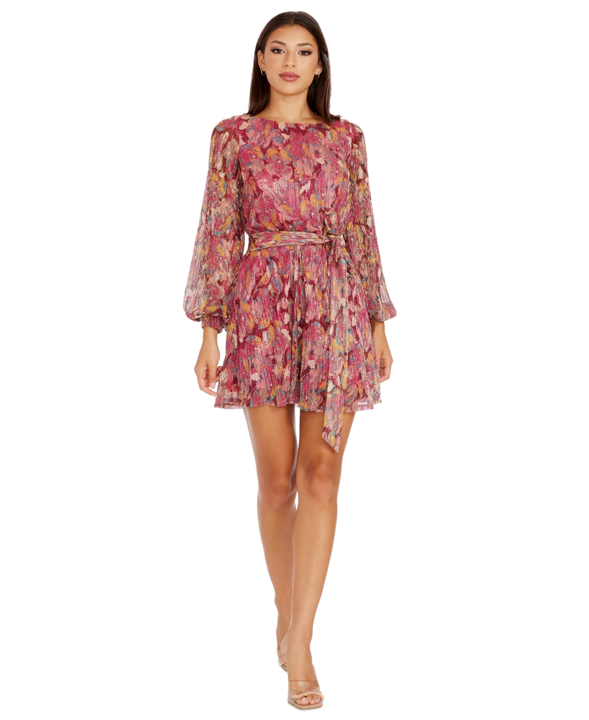Dress The Population Kirsi Long Sleeve Metallic Floral Minidress In Bright Fuc