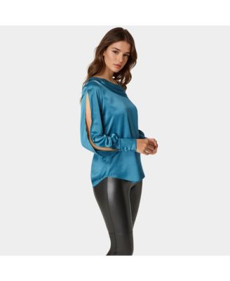 Women's Asymmetrical Long Sleeve Slit Detail Satin Blouse