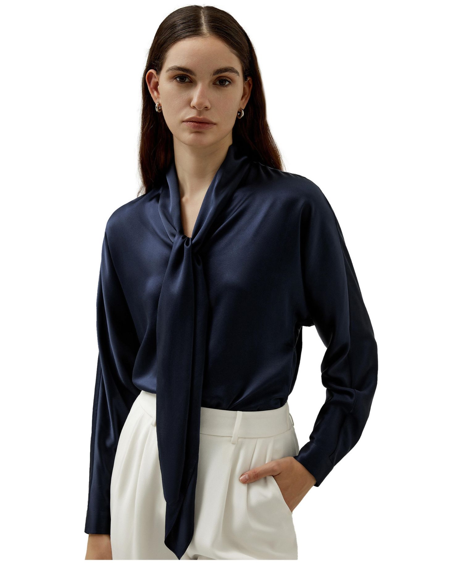 Women's Batwing Silk Top with Adjustable Neck Tie