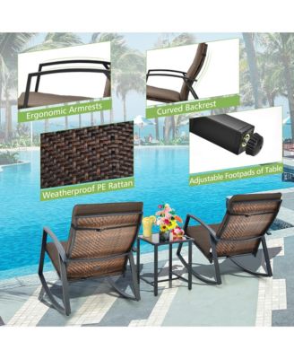 3PCS Rattan Bistro Rocking Chair Set Patio Furniture Set w/ Cushions