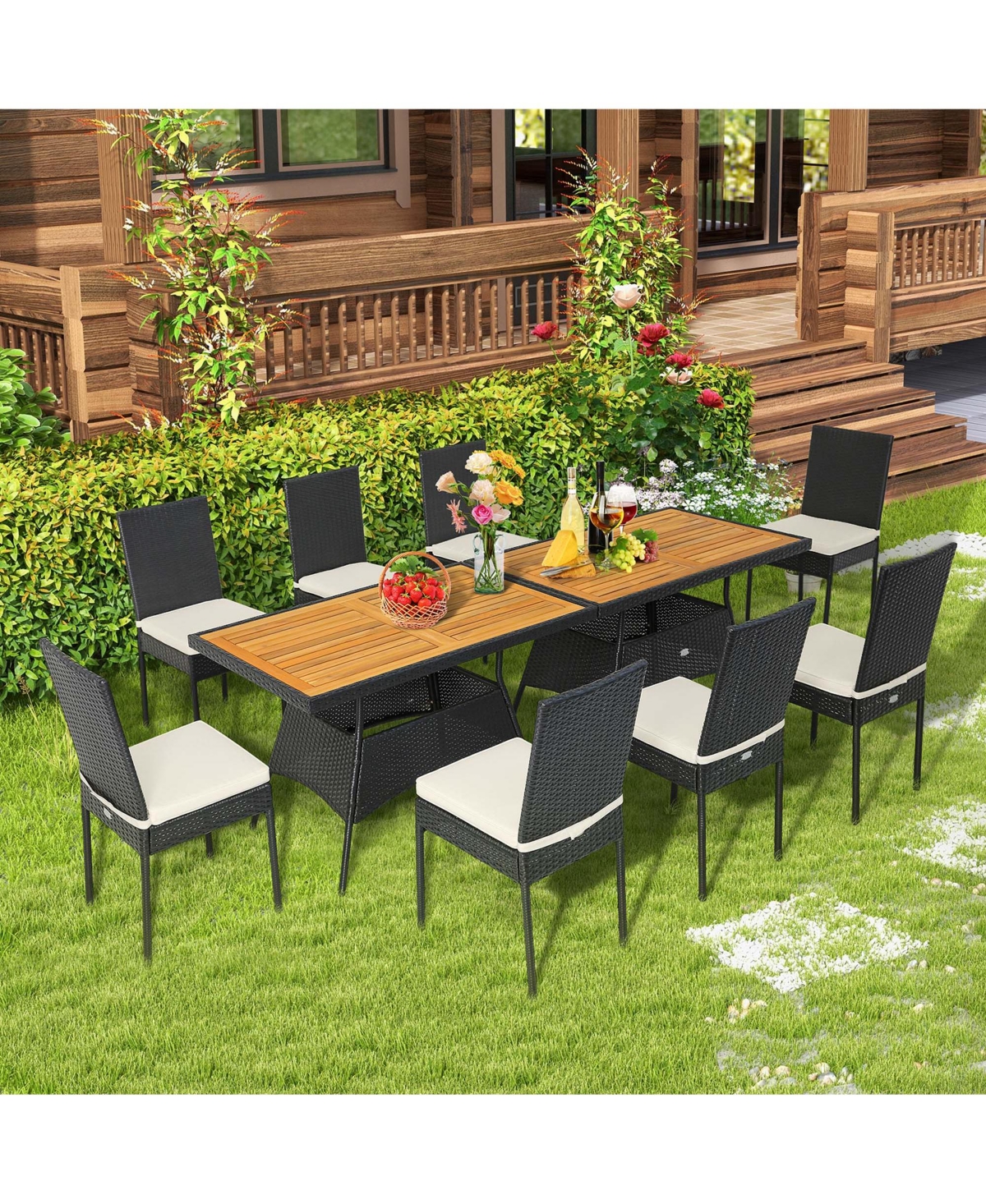 10 Pcs Patio Rattan Dining Set Rectangular Wood Top Tables Cushioned Chair Garden