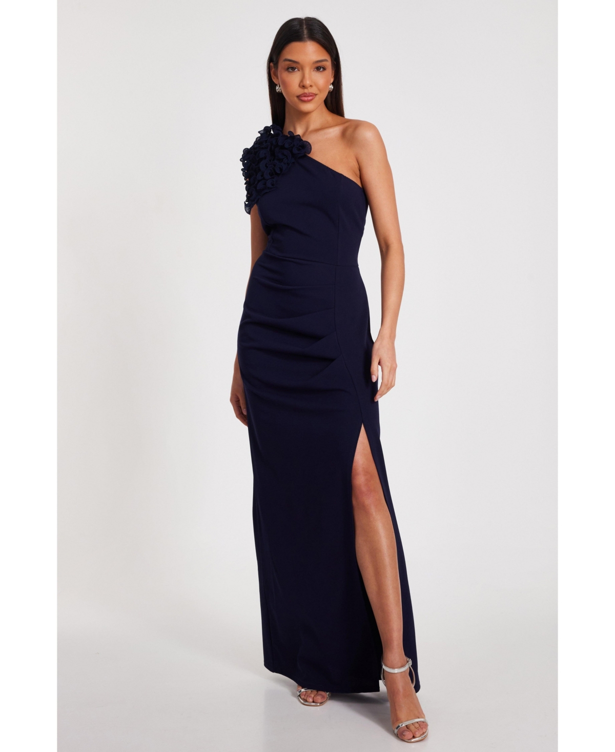 Women's One Shoulder Ruffle Trim Maxi Dress - Navy