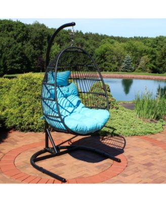 Outdoor Resin Wicker Patio Julia Hanging Basket Egg Chair Swing with Cushions, Headrest, and Steel Stand Set - 3pc