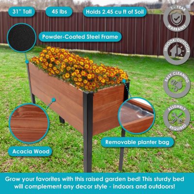 Acacia Wood Raised Garden Bed with Legs - 31-Inch H - Powder-Coated Steel Frame - Removable Planter Bag