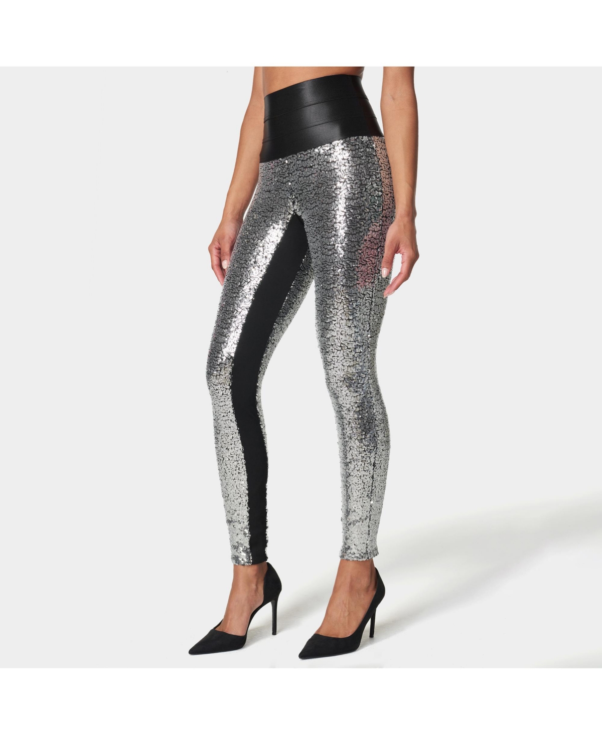 Women's Satin Elastic Waistband Sequin Legging - Silver
