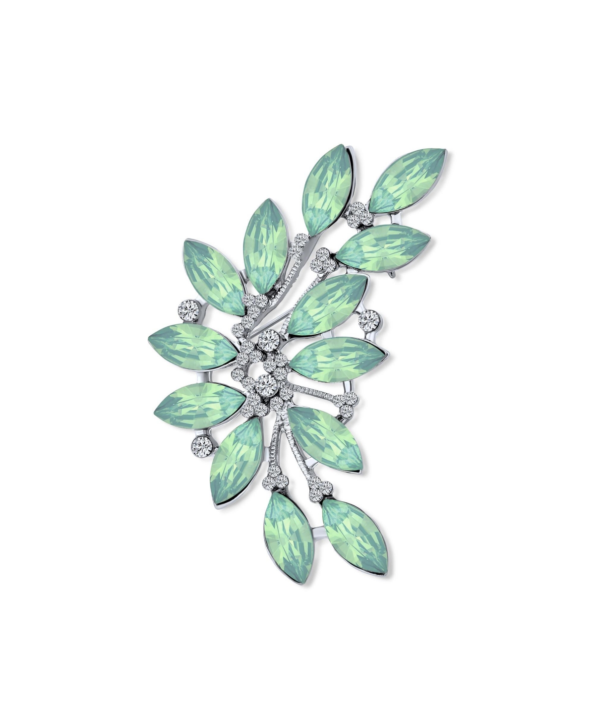 Fashion Aqua Green Marquise Crystal Leaf Brooch Pin Mother Silver Plated Brass - Green