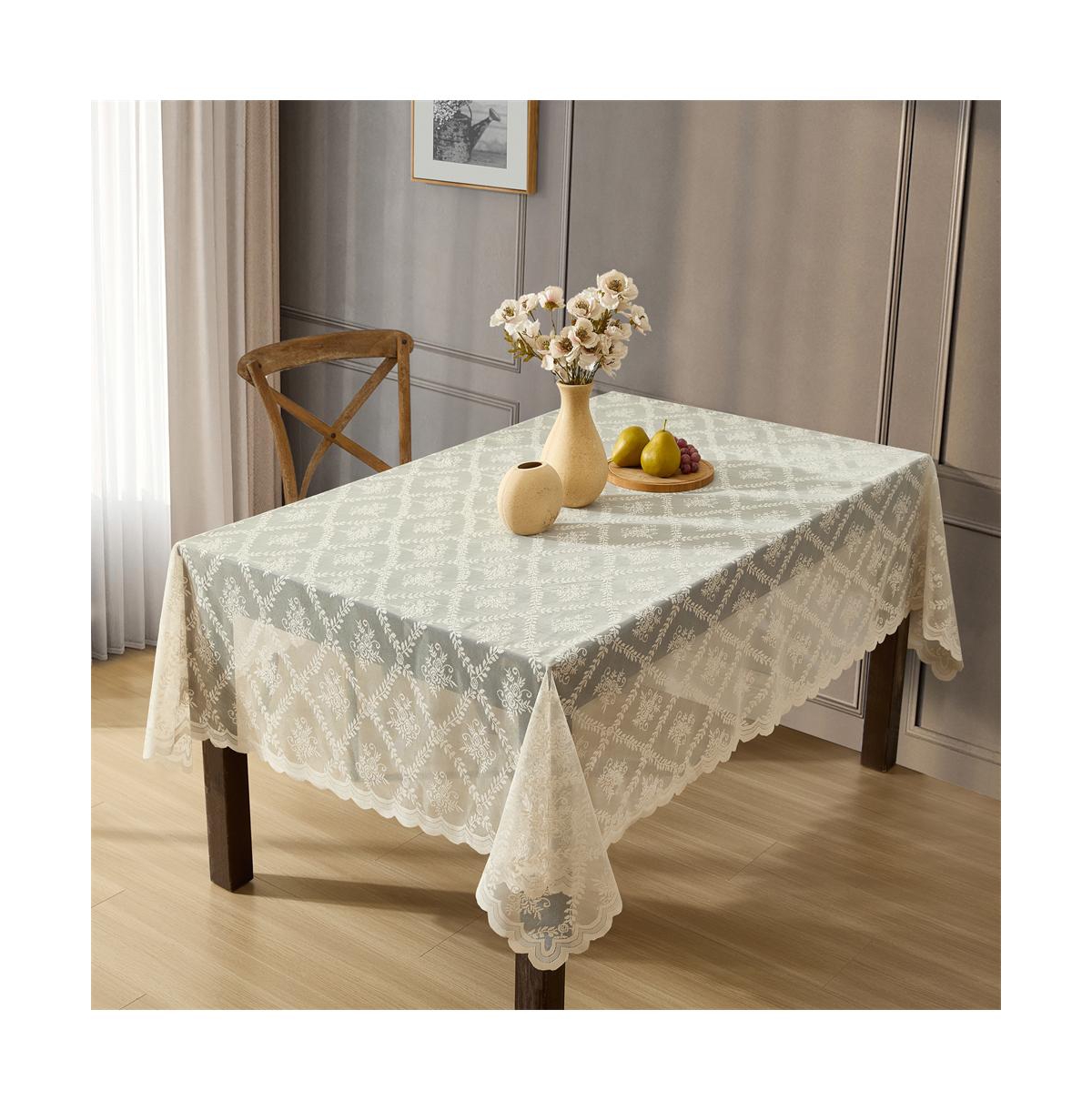 Isabella Floral Lace Fabric Tablecloth, Rectangle Table Cloth, Wrinkle Resistant Tablecloth, Patterned Scalloped Tablecloth - Linen taupe