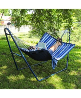Outdoor Quilted Double Hammock with Pillow and Curved Metal Spreader Bars