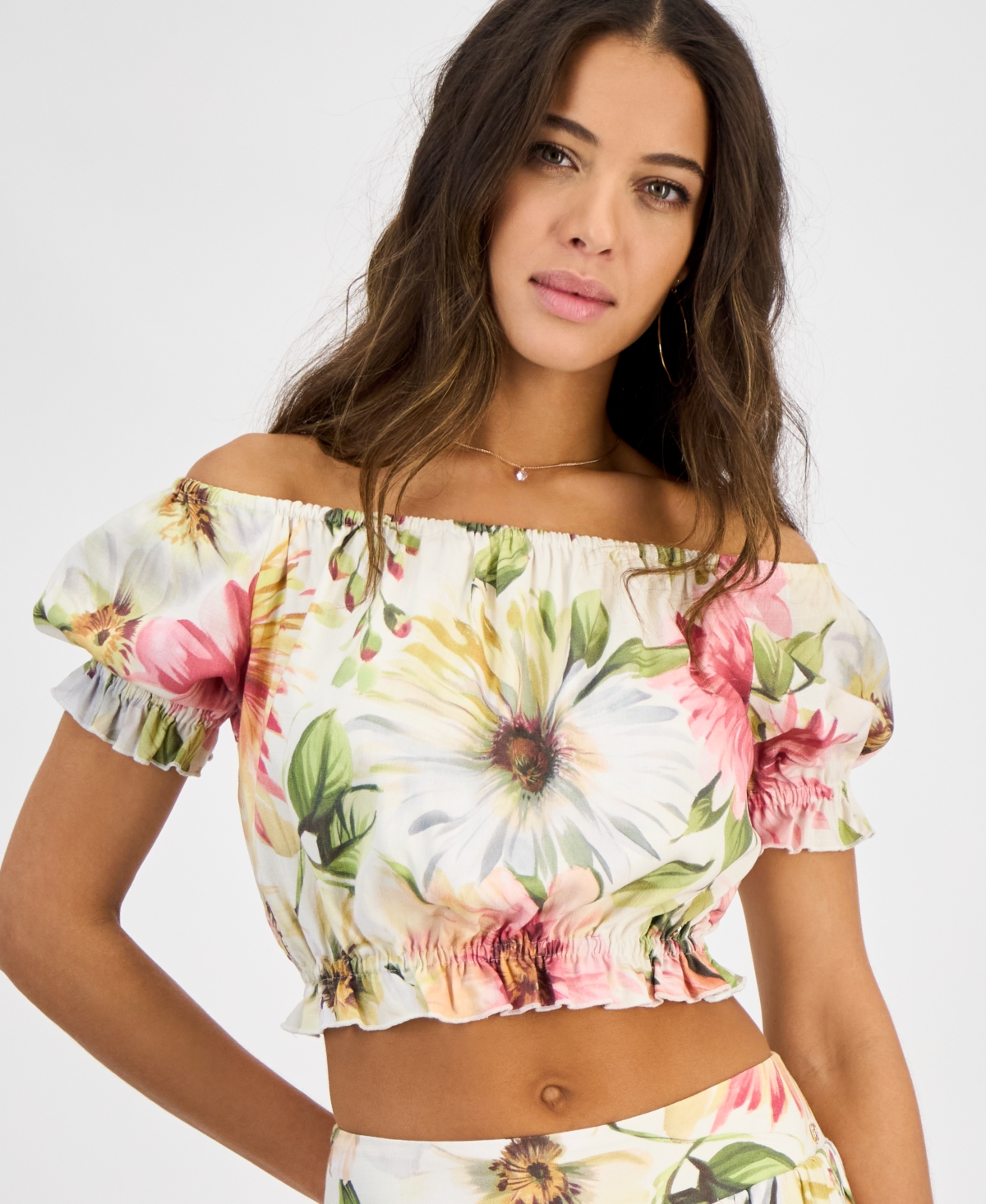 Guess Elodie Cropped Top Matching Midi Skirt In Painted Daisies Print