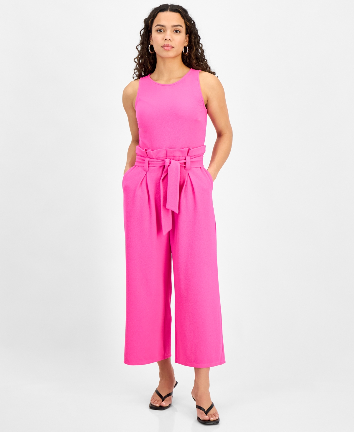 Bar Iii Petite Women's Sleeveless Crewneck Tie-waist Jumpsuit, Created For Macy's In Pinkadelic