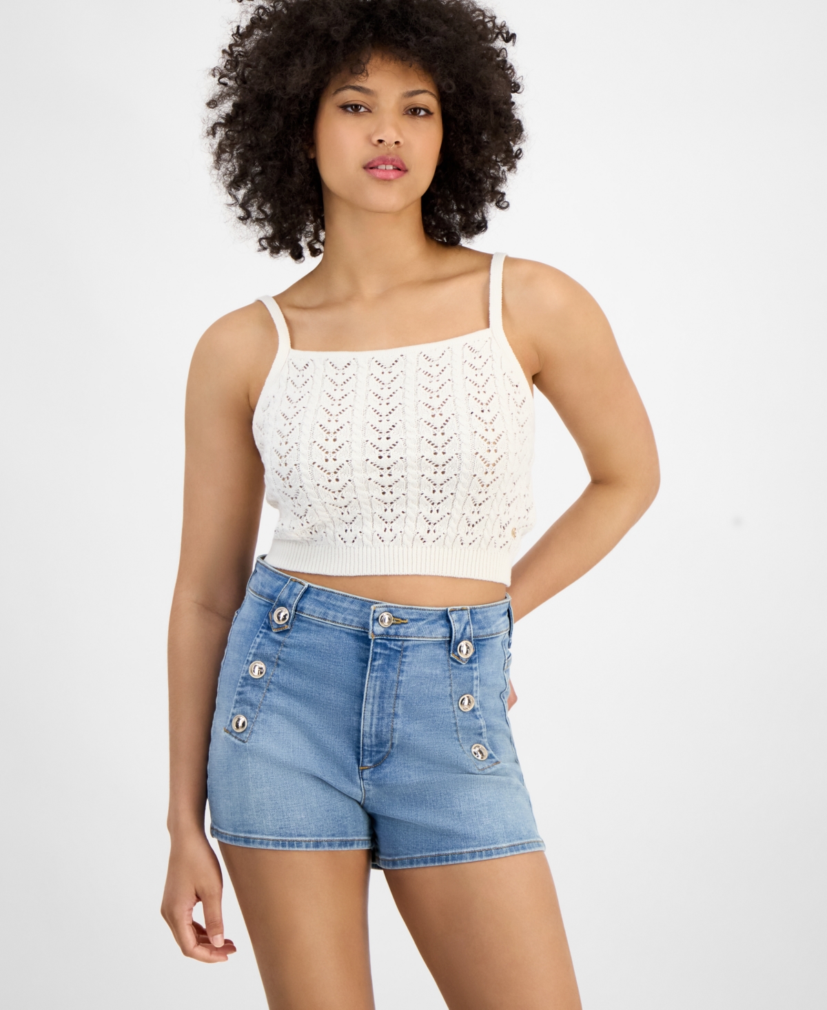 GUESS WOMEN'S RUTH COTTON CROPPED POINTELLE SWEATER 