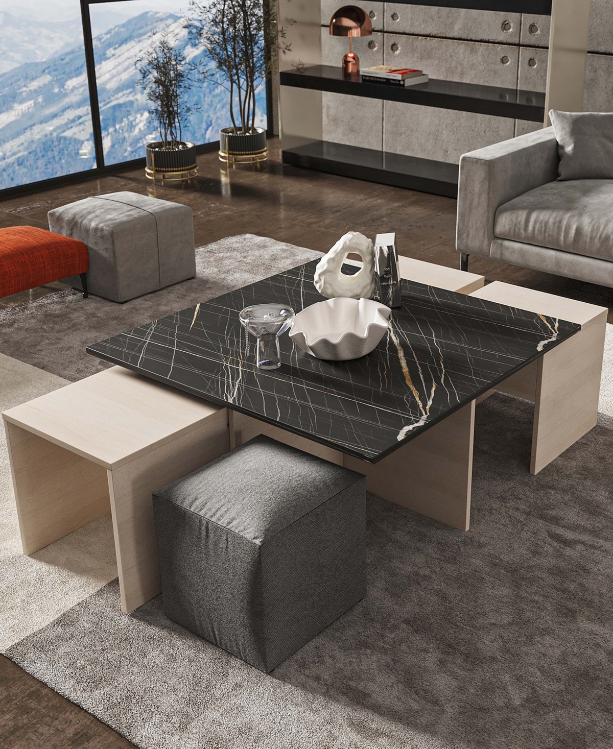 Manhattan Comfort 37.4" Haley Modern Nested Coffee Table And Ottoman Set In White,black