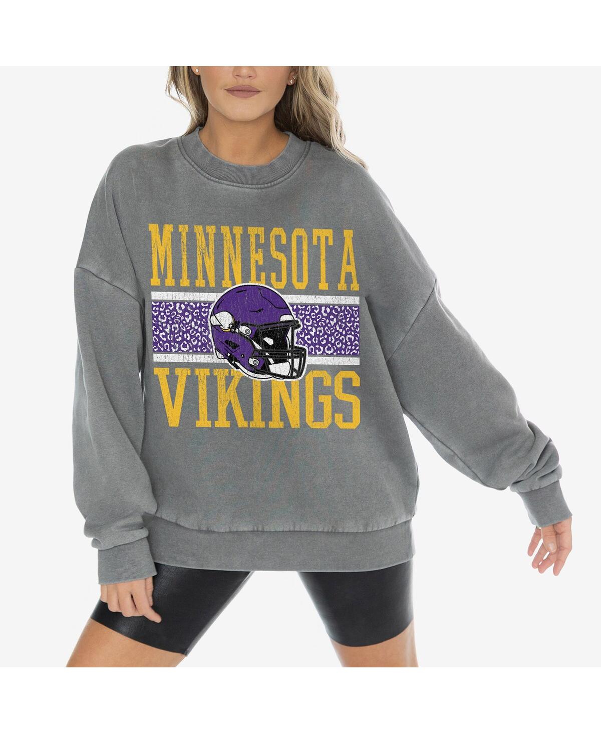 Women's Gray Minnesota Vikings Vintage Wash Oversized Crewneck Fleece Pullover - Gray