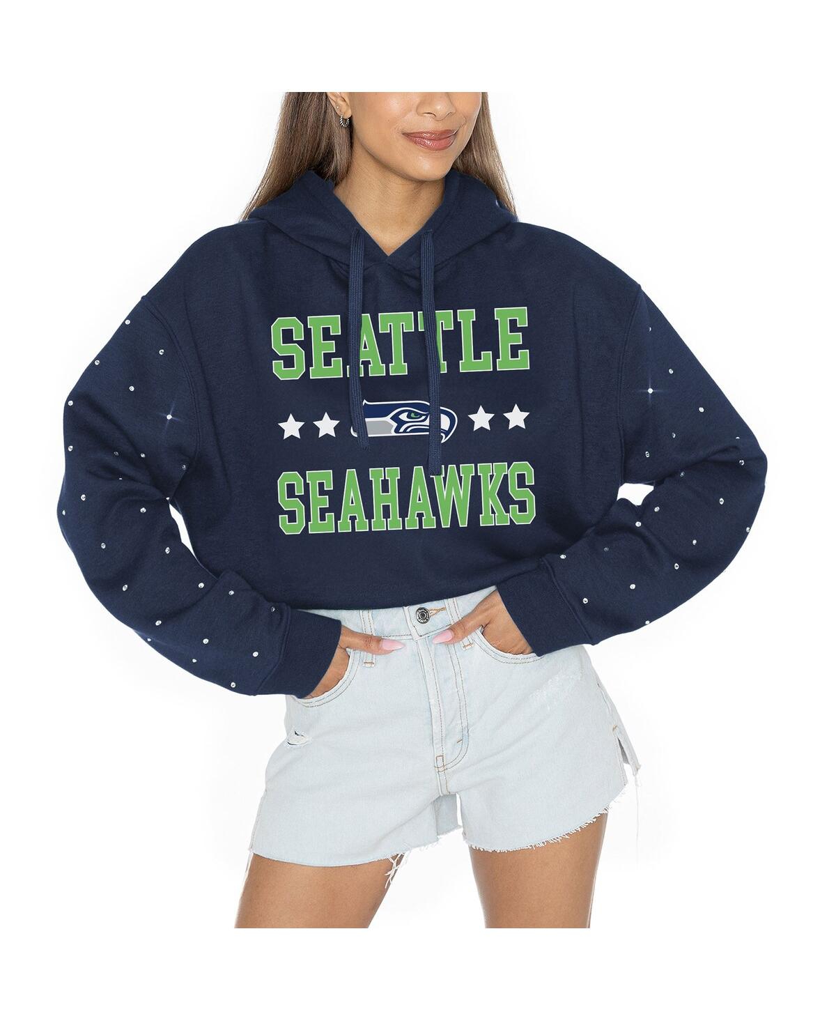 Gameday Couture Women's College Navy Seattle Seahawks Like A Star Scrunch Waist Pullover Rhinestone Hoodie In College Navy