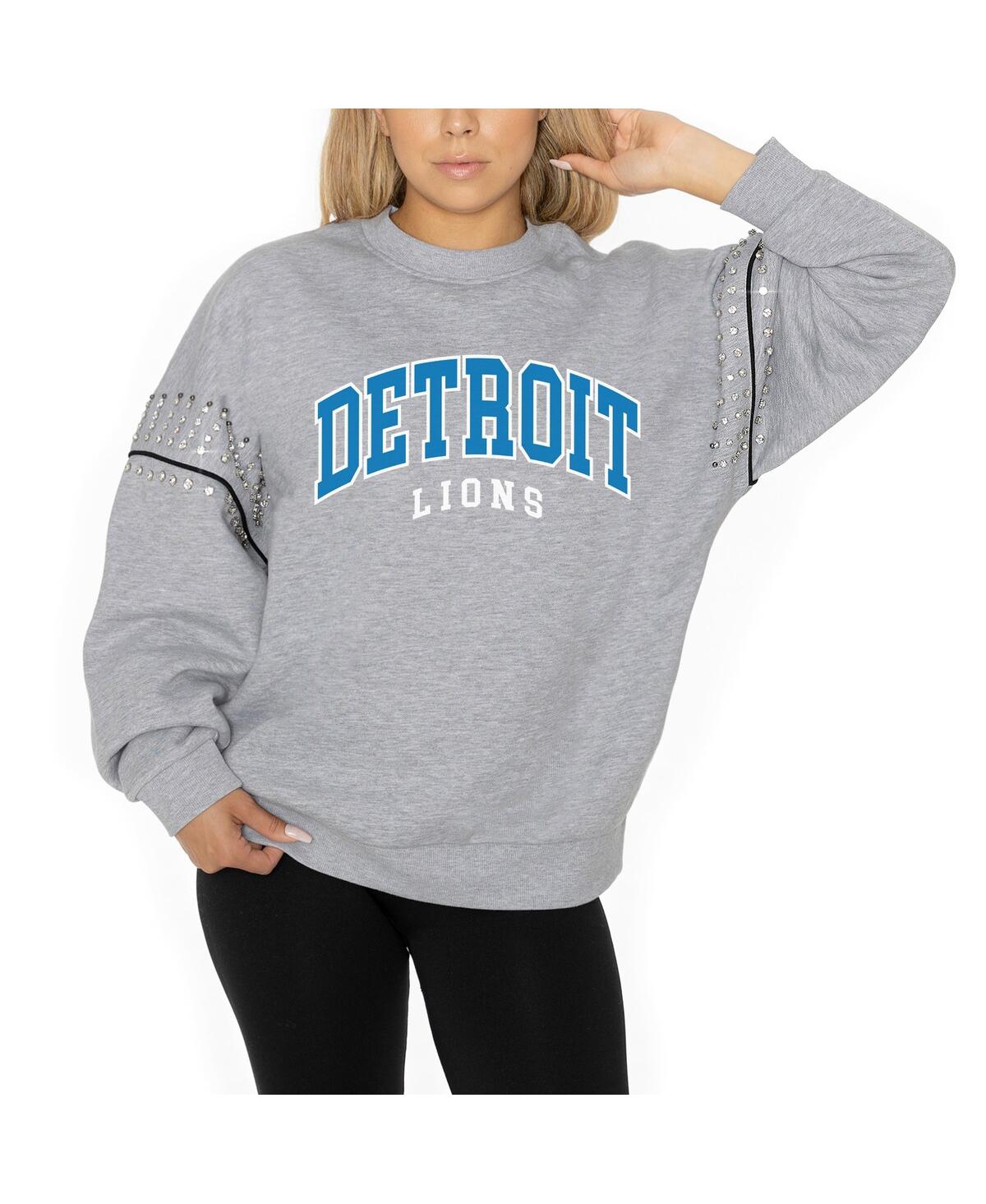 GAMEDAY COUTURE WOMEN'S ASH DETROIT LIONS RHINESTONE DROP SHOULDER OVERSIZED FLEECE PULLOVER SWEATSHIRT 