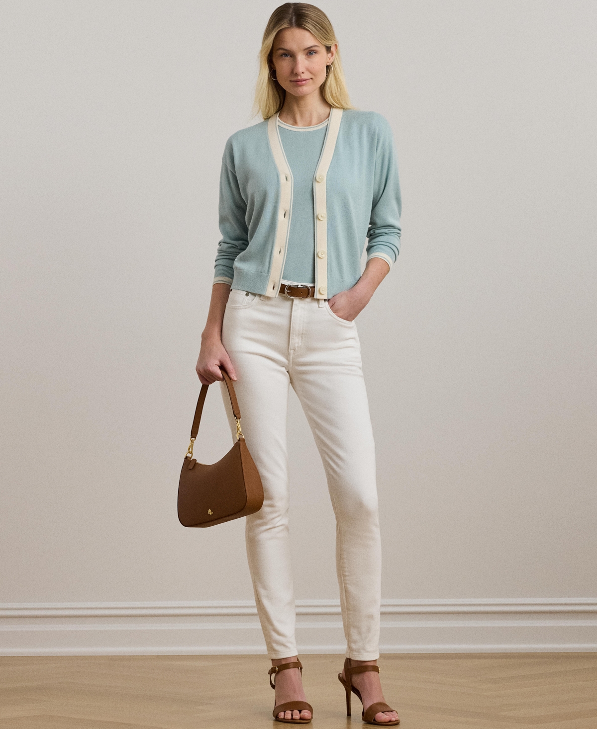 Shop Ralph Lauren Women's Two-tone Cotton-blend Cardigan In Aqua Pearl,mascarpone Cream