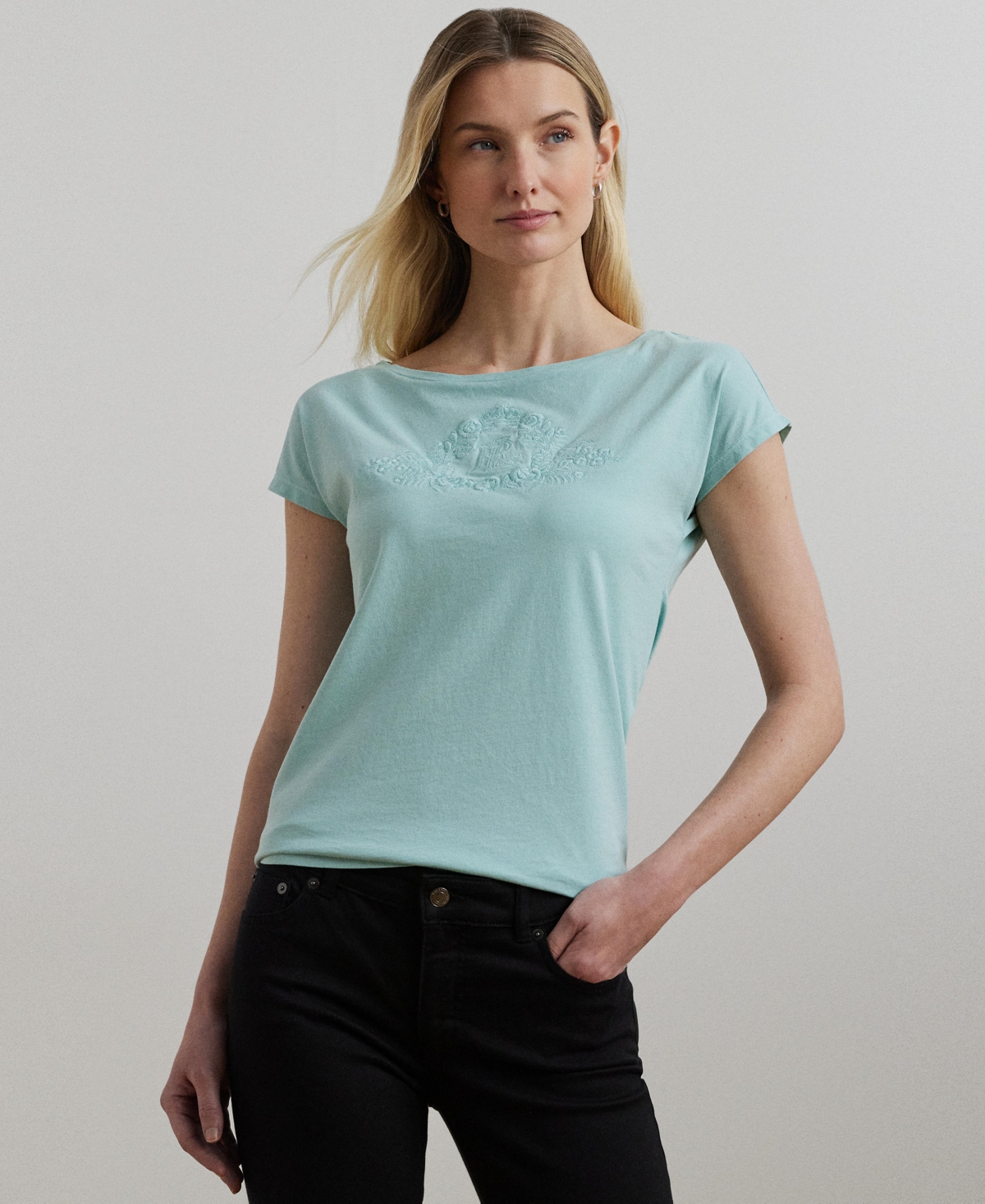 RALPH LAUREN WOMEN'S BEADED-LOGO COTTON JERSEY TEE 