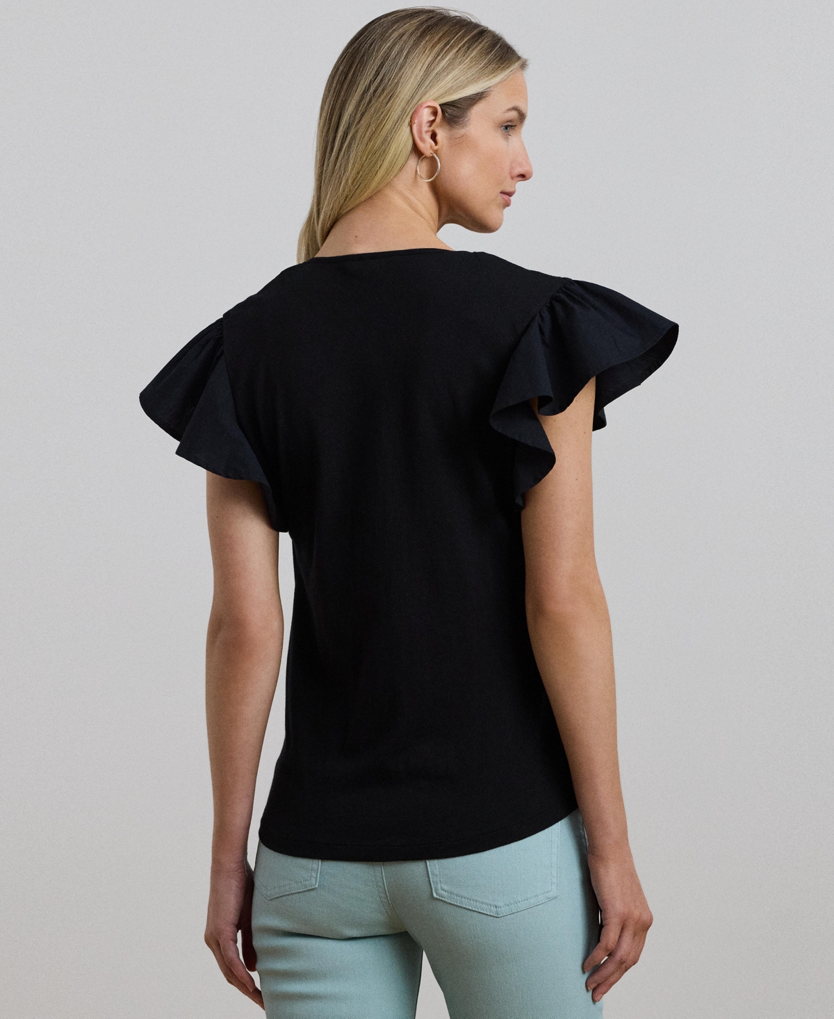 Shop Ralph Lauren Women's Lace-trim Jersey Flutter-sleeve Tee In Black