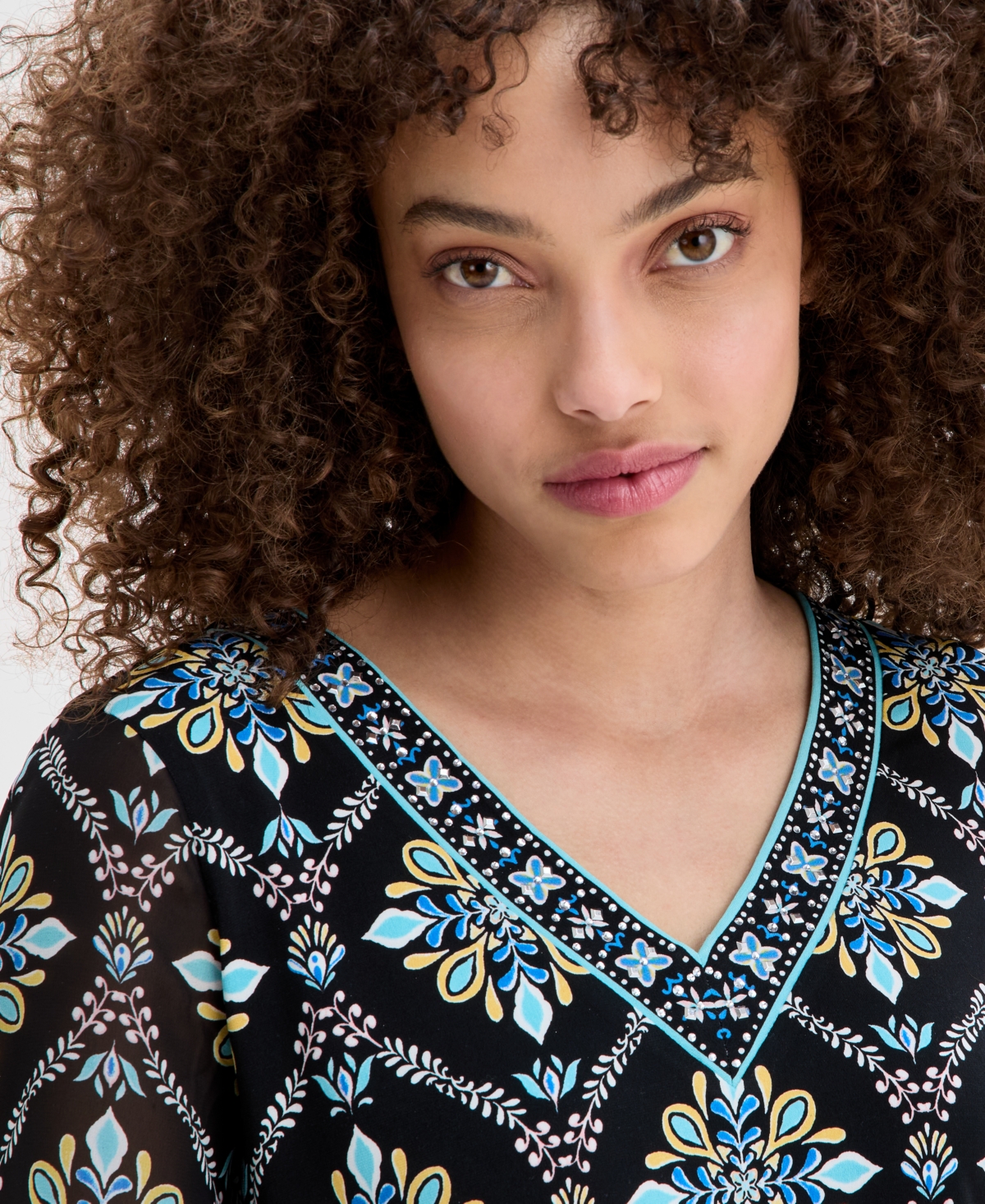 JM COLLECTION PETITE ARTISAN MEDALLION-PRINT EMBELLISHED TOP, EXCLUSIVELY AT MACY'S 