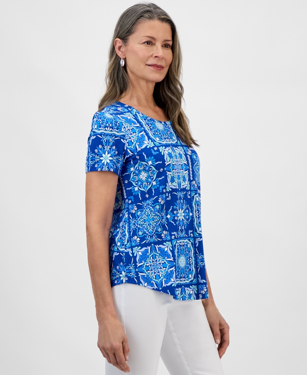 Jm Collection Petite Printed Short-sleeve Top, Exclusively At Macy's In Bright Mar
