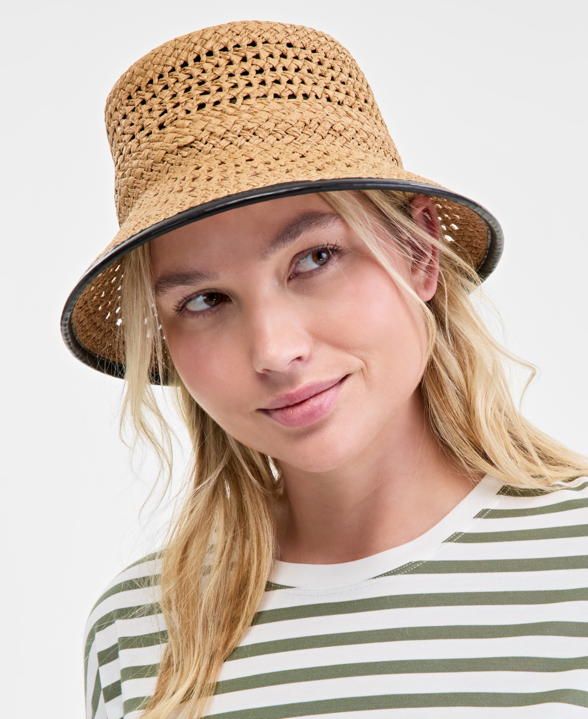 Faux-Leather-Trim Straw Bucket Hat, Exclusively at Macy's - Lt/pas Bwn