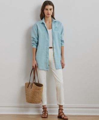 Women's Oversize Floral-Logo 100% Linen Shirt