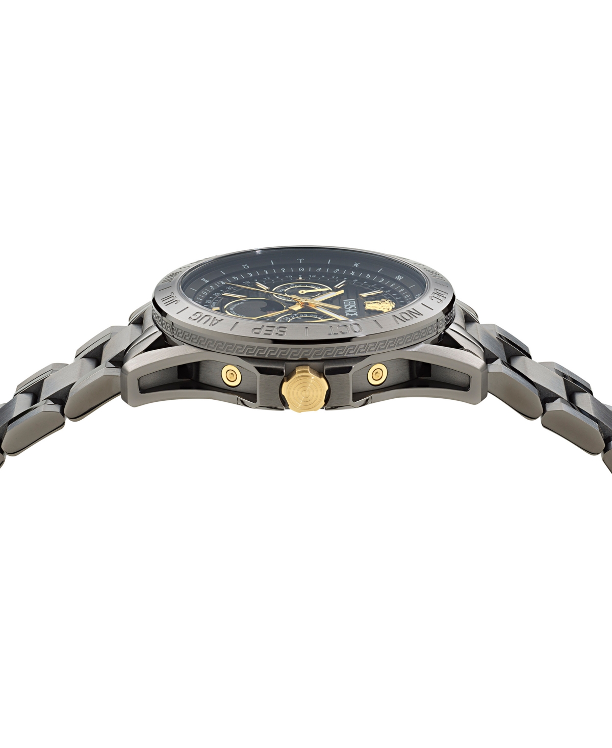Versace Men's Swiss V-galaxy Moonphase Gunmetal Ion Plated Bracelet Watch 43mm In Gun