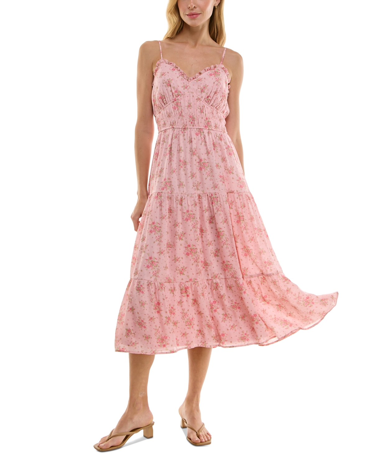 Trixxi Juniors' Floral-print Tiered Midi Dress In Pink