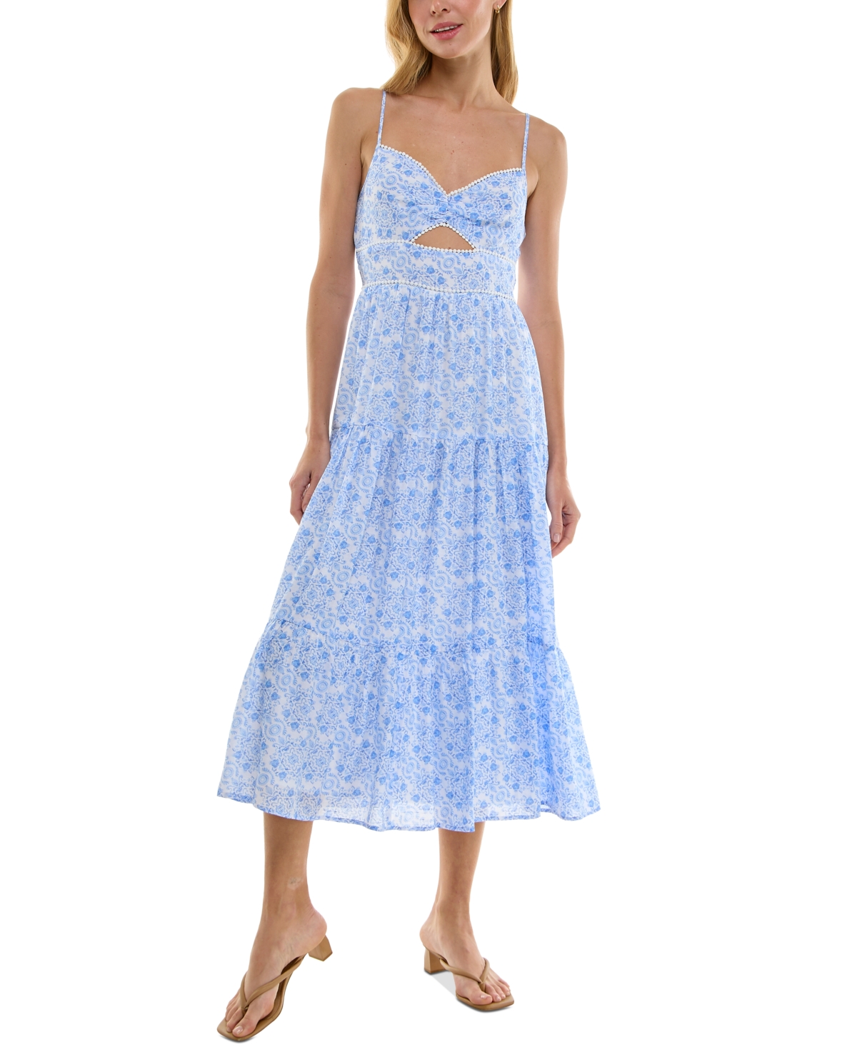 Juniors' Floral-Print Keyhole Midi Dress - Ivory Blue