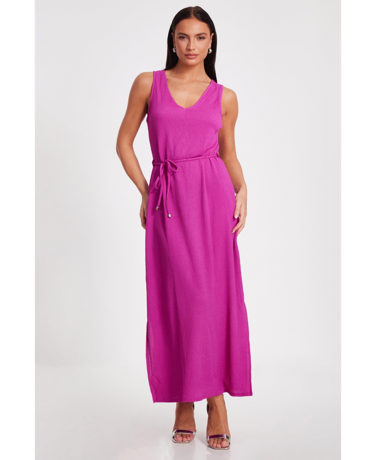 Women's V Neck Maxi Dress With Tie Belt Detail - Magenta