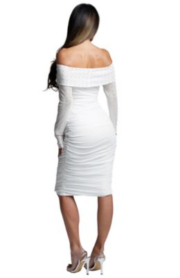 Women's Swarovski Off Shoulder Crystal Mesh Midi Dress