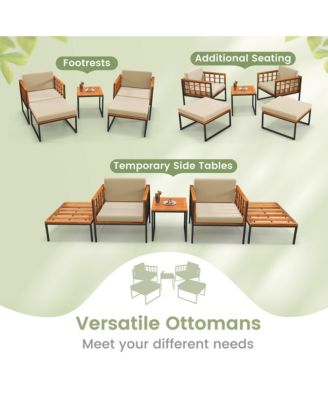 5 PCS Acacia Wood Patio Furniture Set w/ Ottomans Soft Cushions & Coffee Table