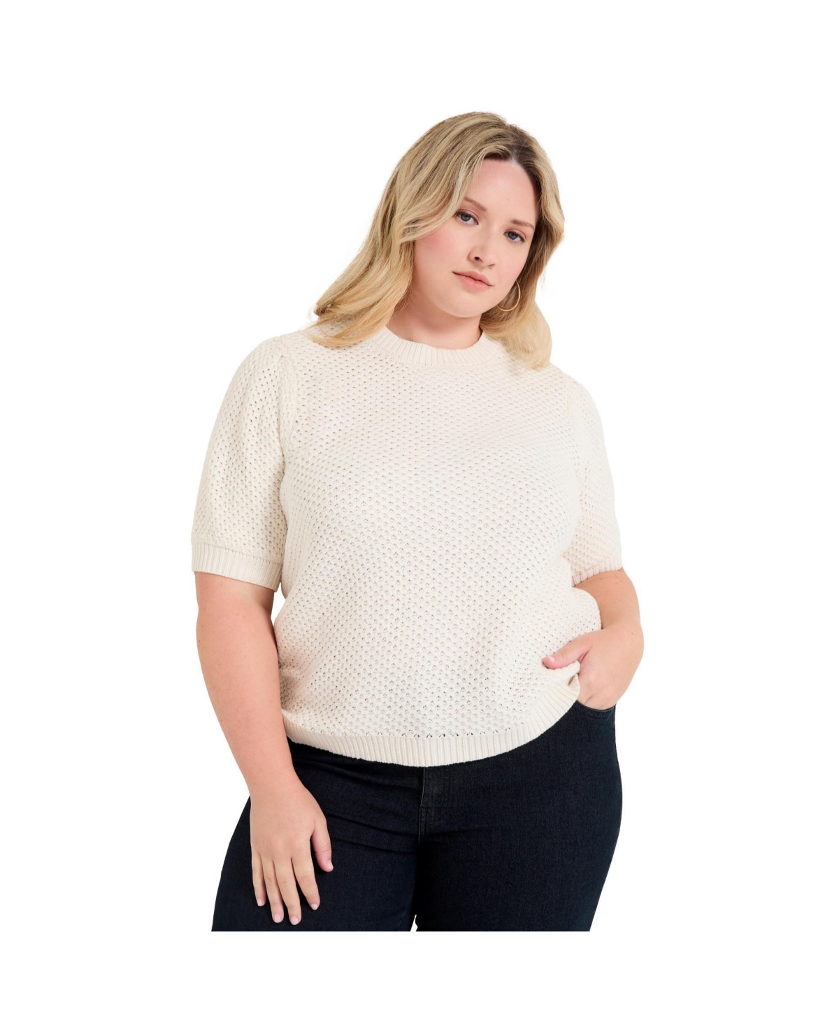 Plus Size June + Vie Puff-Sleeve Knit Sweater - Sugar swizzle