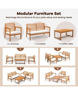 4 PCS Wood Patio Furniture Set w/ Soft Seat Cushions Solid Acacia Wood Frame