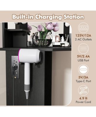 Corner Vanity Desk Cosmetic Vanity Station with LED Mirror,& Power Outlets