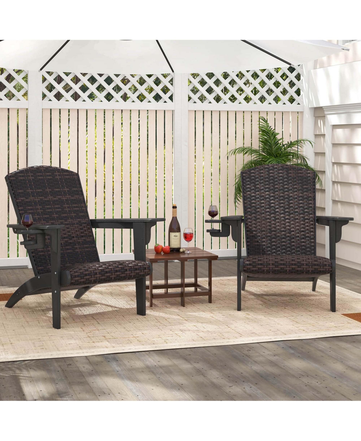 Patio Adirondack Chair with Rattan Padded Seat Wide Armrests & Hidden Cupholder