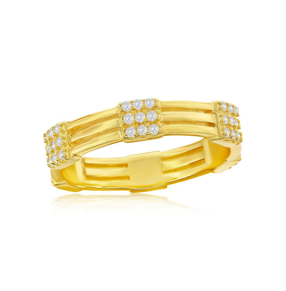 Sterling Silver, Gold Plated Triple Row Square Cz Eternity Ring - Gold