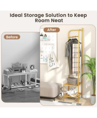 Corner Coat Rack with Top Hanger and 2 Mesh Shelves for Entryway, Hallway, Living Room, or Bedroom Storage