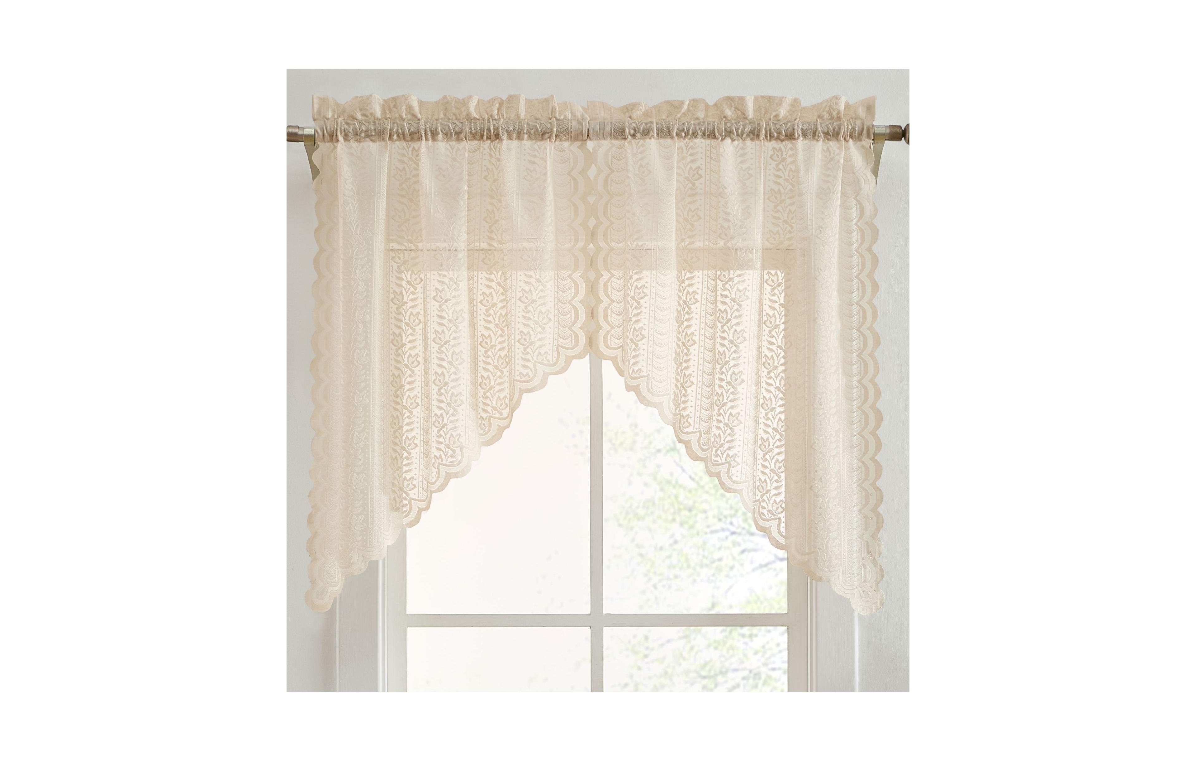 Hlc.me Sophia Floral Rod Pocket Lace Short Cafe Swags for Small Windows - 28 x 36 Inch Length (Taupe Swags, Set of 2)