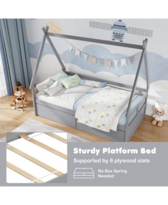 Wooden House Bed with Roof Design and Secure Guardrail