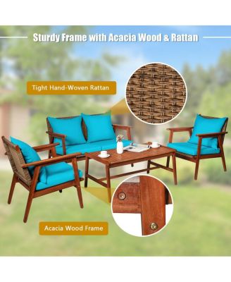 4 Pieces Acacia Wood Patio Rattan Furniture Set with Zippered Cushions