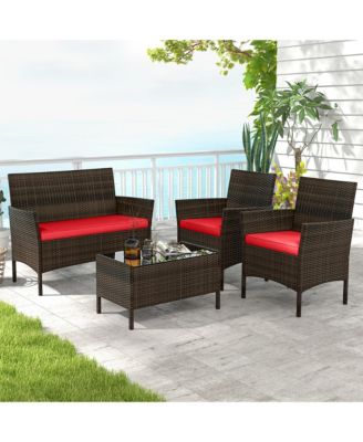 4 PCS Patio Furniture Set w/Washable Cushions & Tempered Glass Coffee Table