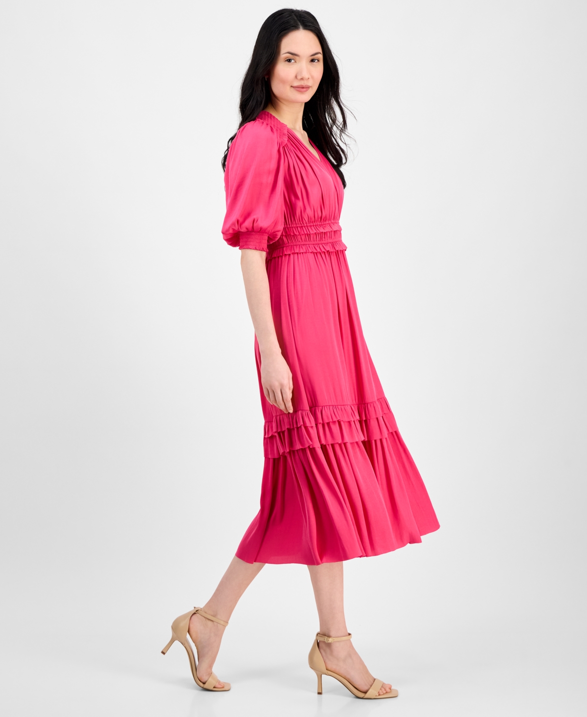 T Tahari Women's V-neck Smocked-waist Tiered Dress In Tulip Pink