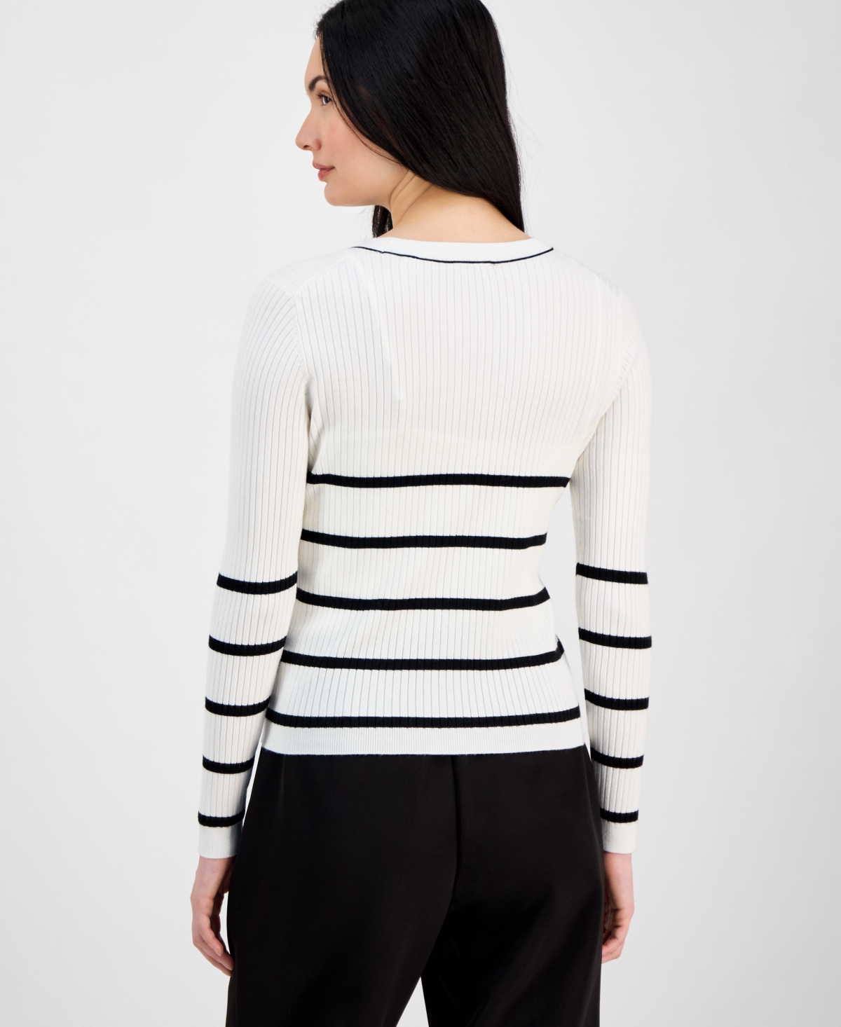 T Tahari Women's V-neck Button-front Long-sleeve Cardigan In White Star With Black Stripe