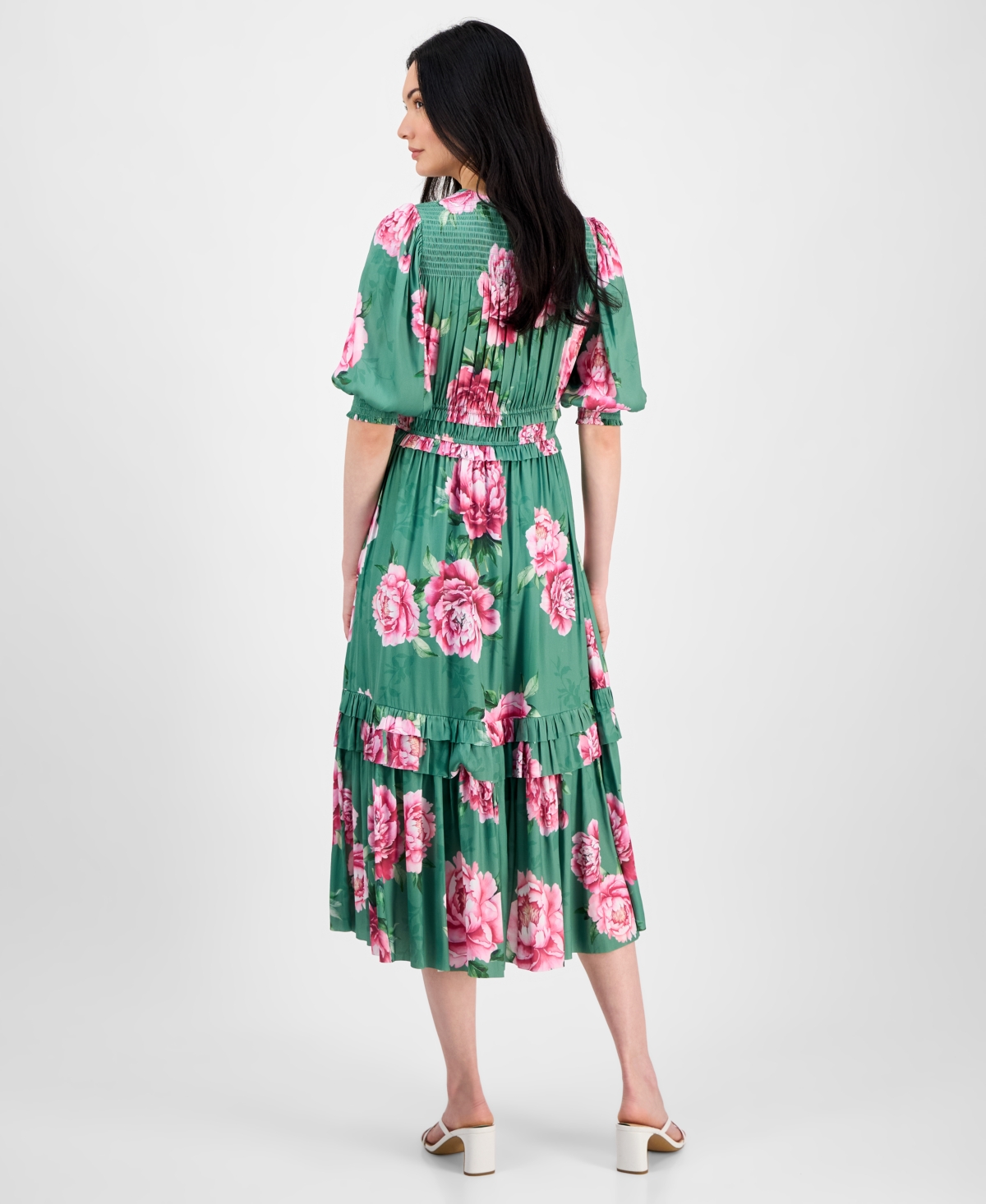 T Tahari Short Sleeve V Neck Fit And Flare Dress In Pink Bouquet Garden