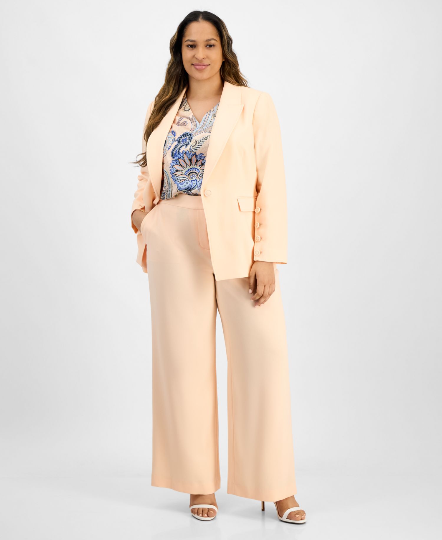 Plus Size Single-Button Crepe Blazer & Wide-Leg Pants Suit Separates