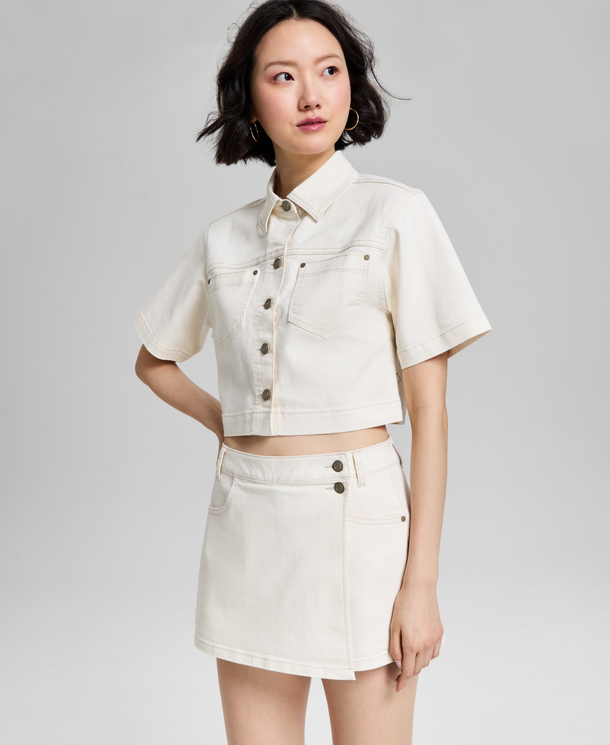Women's Short-Sleeve Cropped Denim Shirt Jacket, Exclusively at Macy's - Macadamia