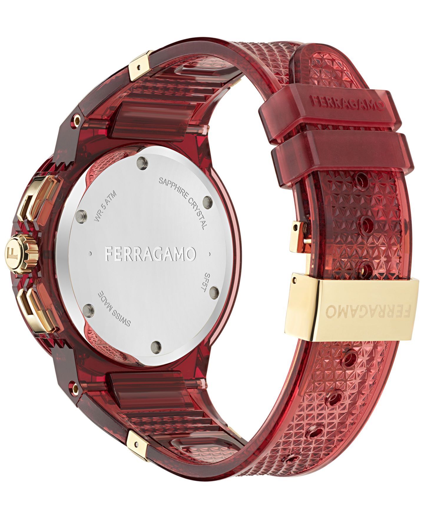 Мужские часы Ferragamo Swiss Chronograph F-80 Translucent Burgundy Polyurethane Strap Watch 44mm — фото 3