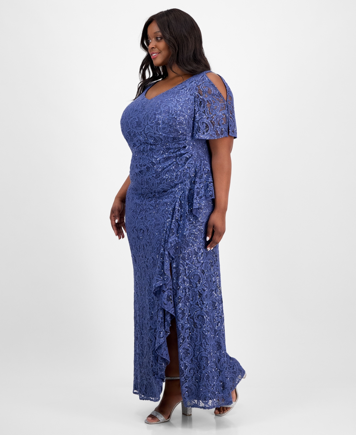 Alex Evenings Plus Size V-neck Ruffle-trim-slit Sequin Dress In Wedgewood
