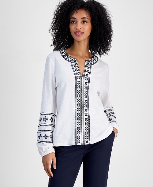 alfani Tommy Hilfiger Women's Embroidered Cotton Top Women's Fashion Shoes & Accessories
